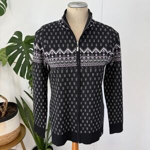 Neve Full Zip Cardigan Womens Medium Black Merino Wool Nordic Fair Isle Sweater